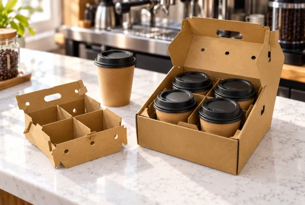 Kraft beverage carrier holding four lidded takeaway cups