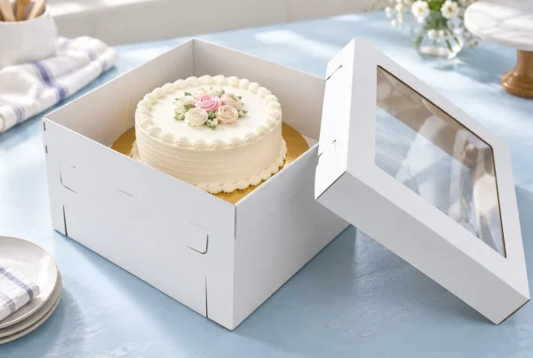 White cake box holding a frosted cake on a gold board