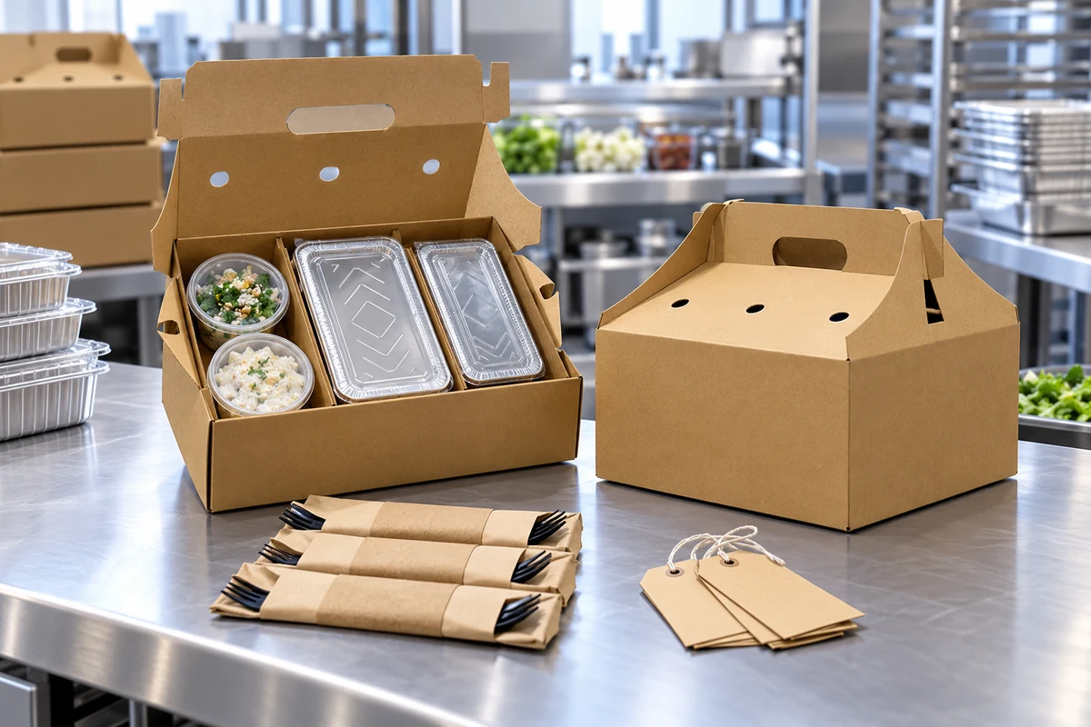 Kraft catering carrier with sealed containers, utensils and order tags