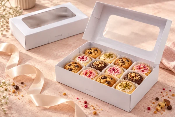 Window bakery box holding an assortment of decorated cookies
