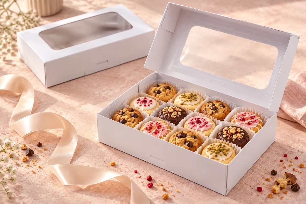 Window bakery box holding an assortment of decorated cookies