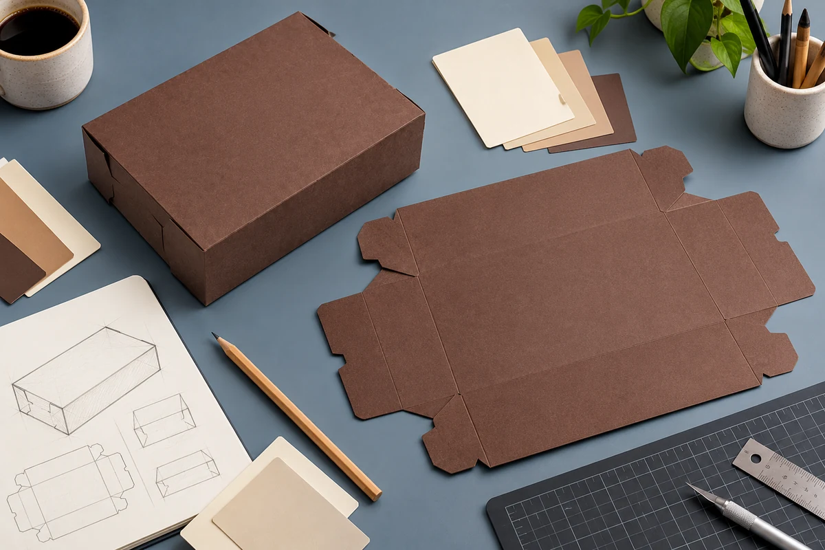 Brown folding box and flat carton on a packaging design worktable