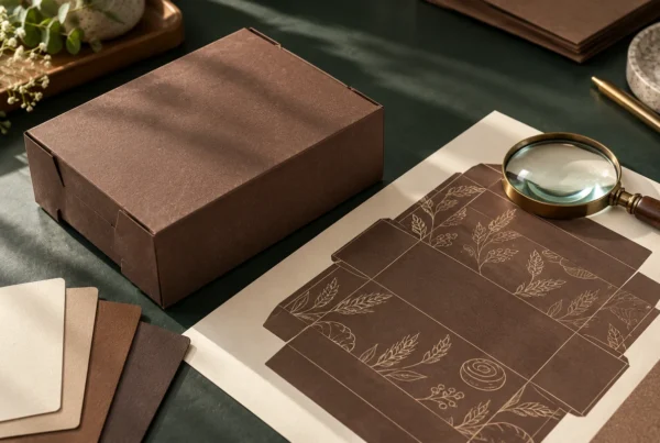 Brown box beside an artwork proof and magnifying glass