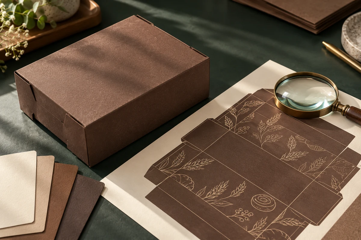 Brown box beside an artwork proof and magnifying glass