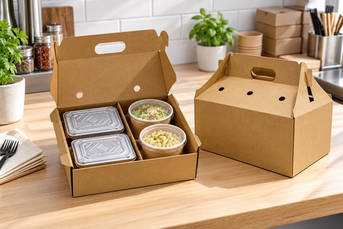 Kraft compartment food carrier with sealed meal containers and side cups