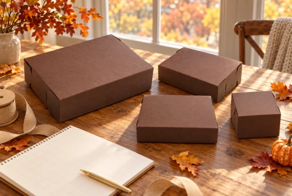 Brown bakery boxes and planning pad in an autumn setting