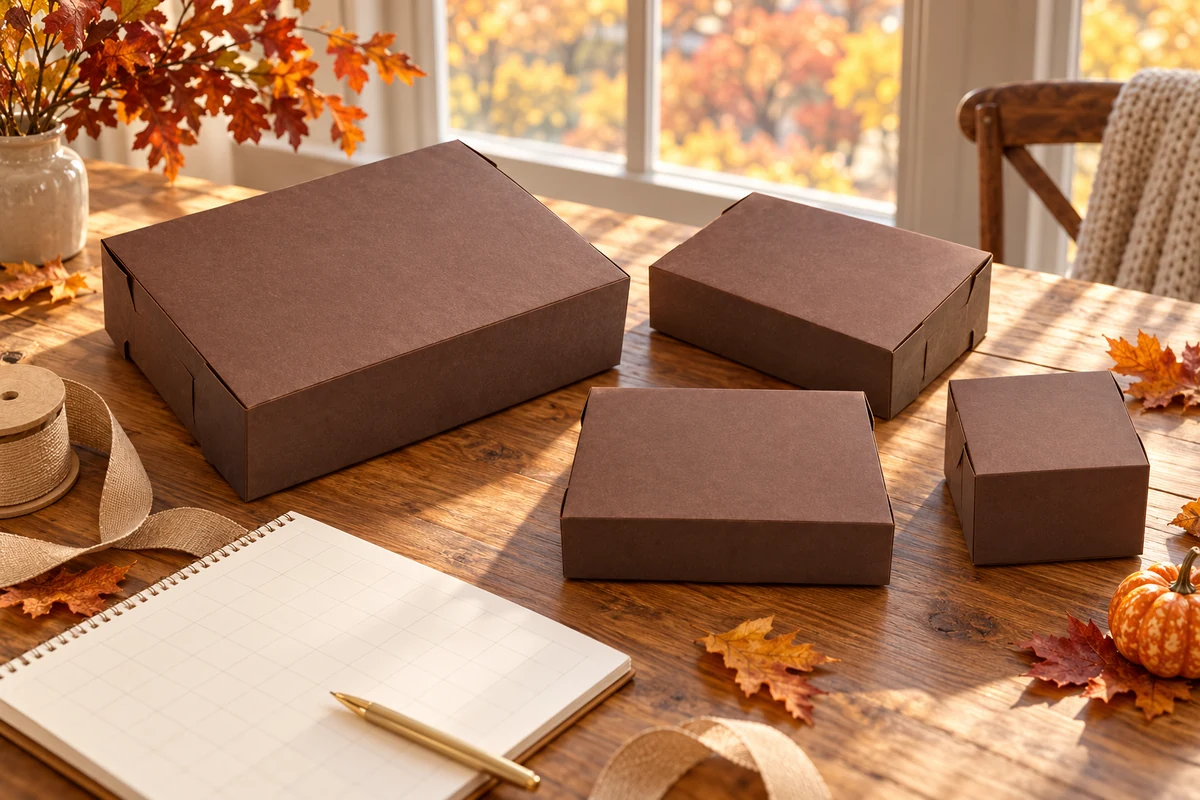 Brown bakery boxes and planning pad in an autumn setting