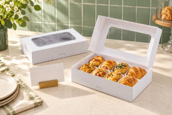 Open white box containing savory pastries beside a menu card