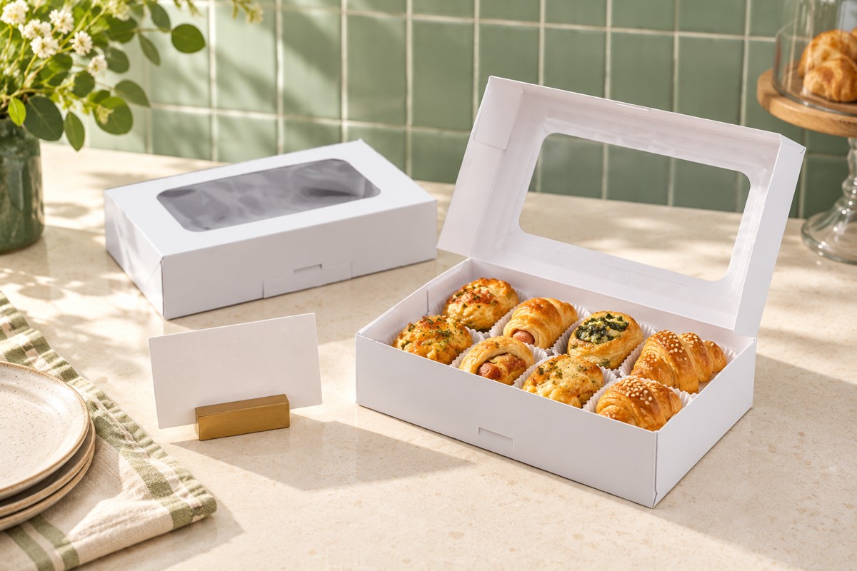 Open white box containing savory pastries beside a menu card