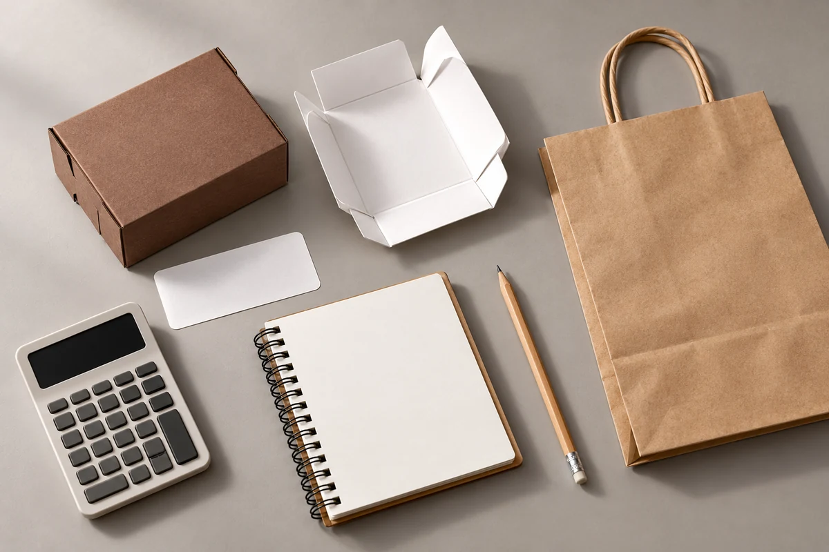 Box, paper bag, liner, label and calculator arranged for packaging cost planning