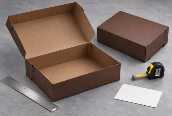Open brown box beside a ruler and measuring tape
