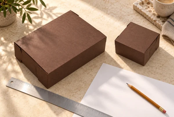 Plain brown bakery boxes beside a ruler and quote planning sheet