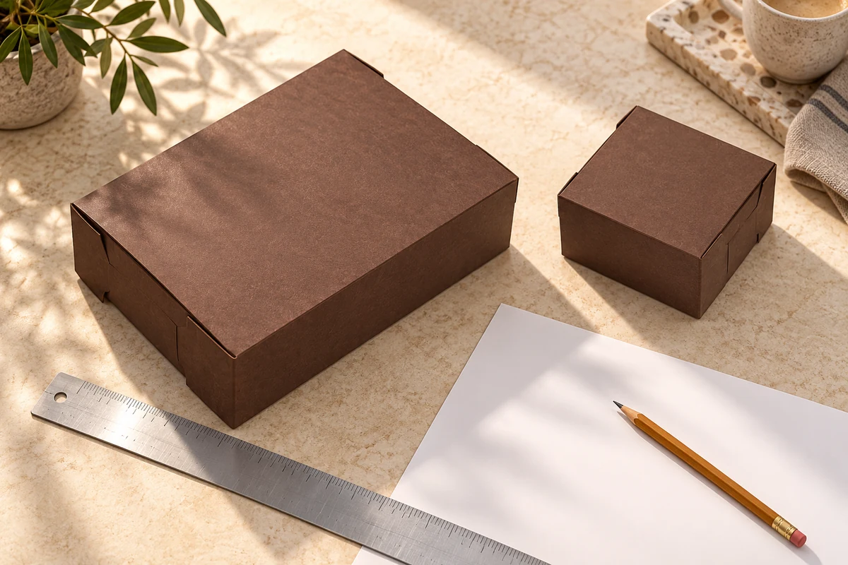 Plain brown bakery boxes beside a ruler and quote planning sheet