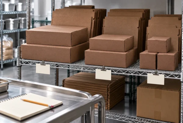Brown packaging boxes and flat stock arranged on labeled shelves