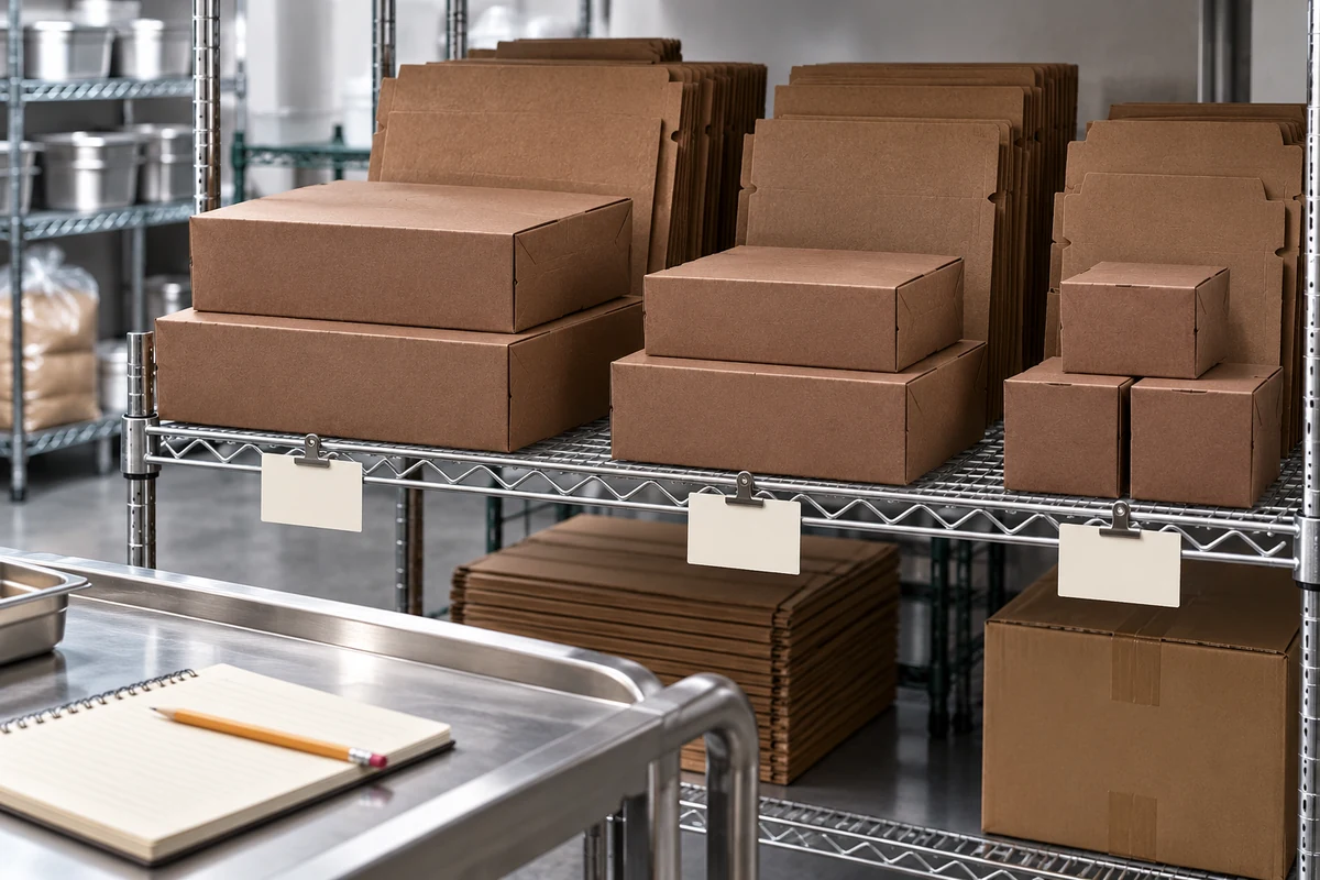 Brown packaging boxes and flat stock arranged on labeled shelves