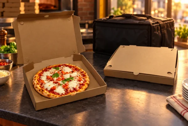 Open kraft pizza box with a pizza beside closed packaging and a delivery bag