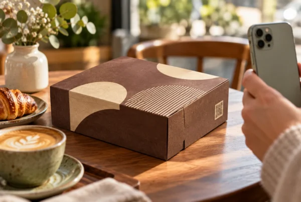 Patterned bakery box beside a smartphone in a cafe