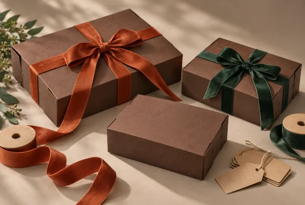 Brown gift boxes with removable rust and green ribbons