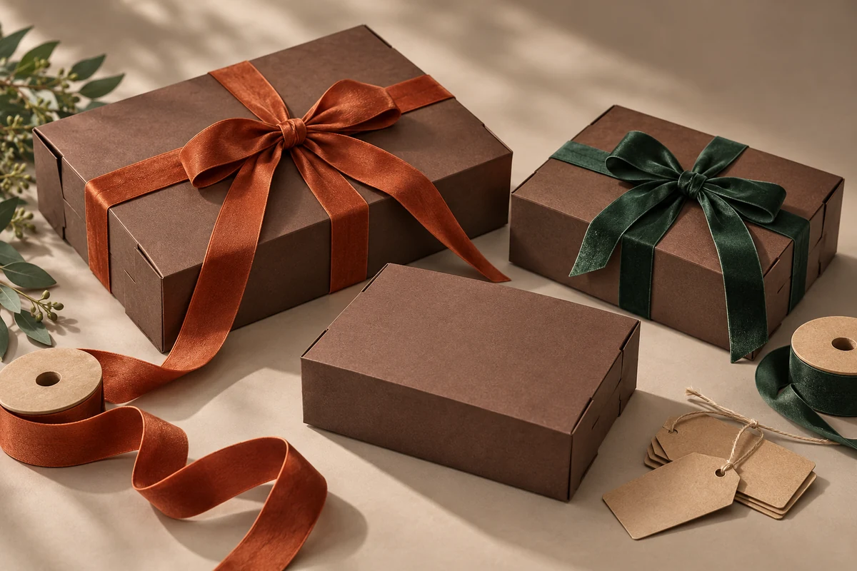Brown gift boxes with removable rust and green ribbons