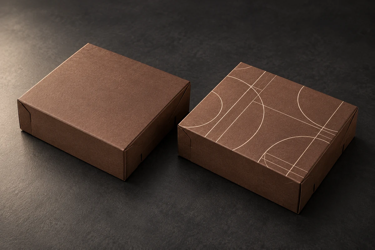 Plain and patterned brown folding boxes displayed side by side