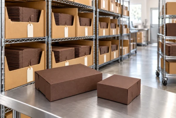 Flat brown packaging stored in protective cartons on stockroom shelves