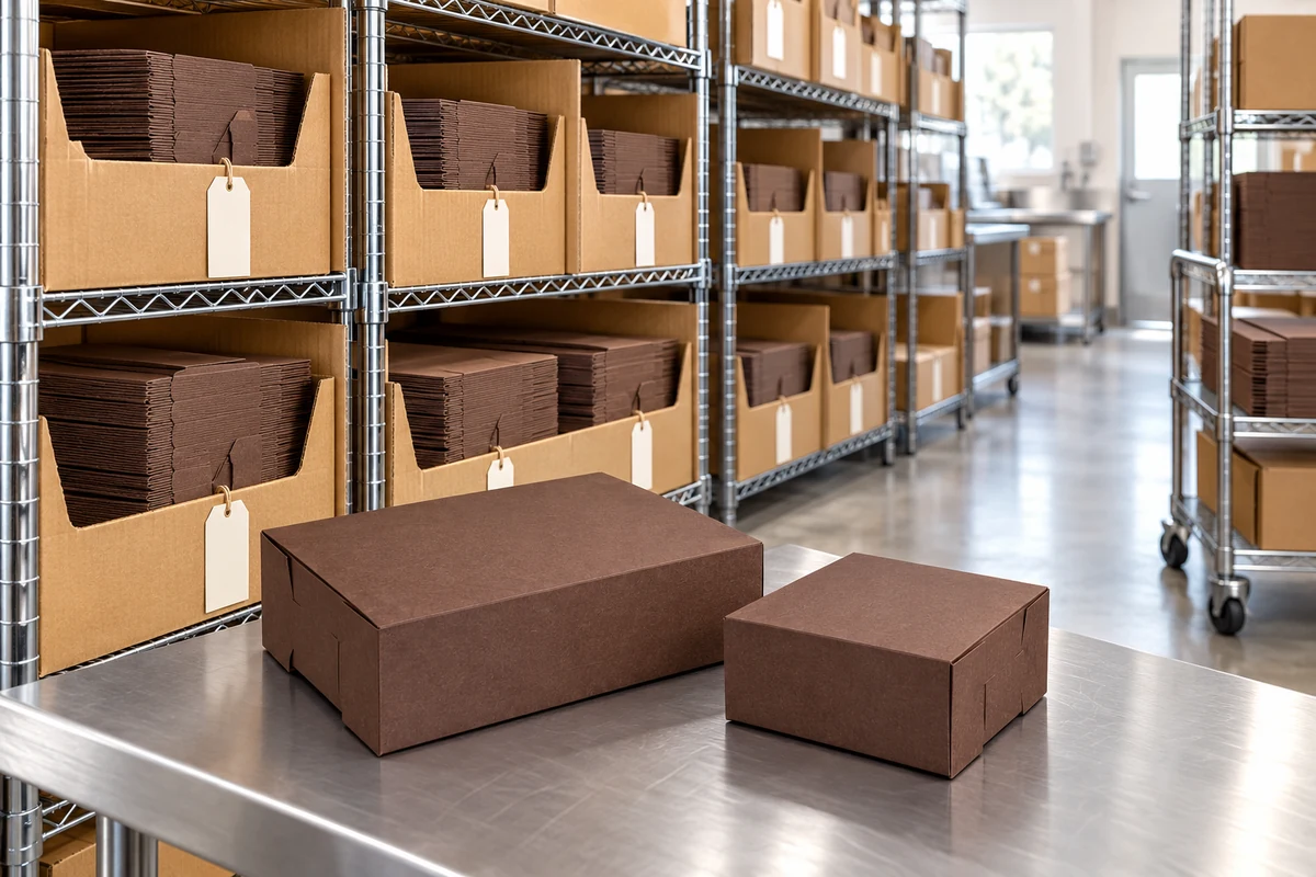 Flat brown packaging stored in protective cartons on stockroom shelves