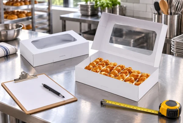 Open pastry box beside a checklist and measuring tape in a catering kitchen