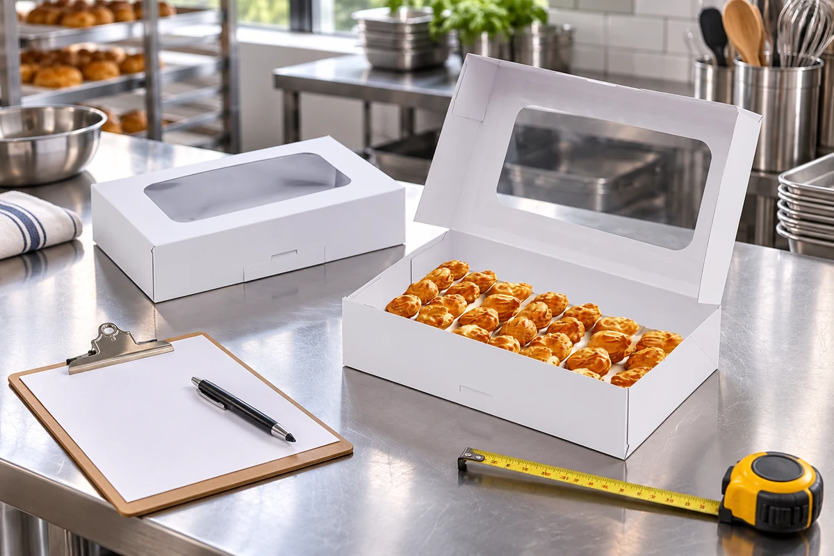 Open pastry box beside a checklist and measuring tape in a catering kitchen