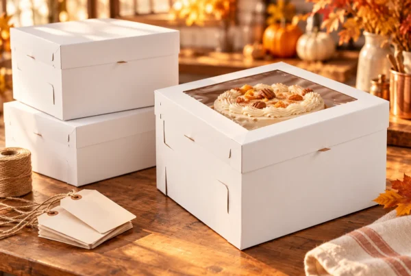 White window cake box and bakery orders on an autumn pickup counter