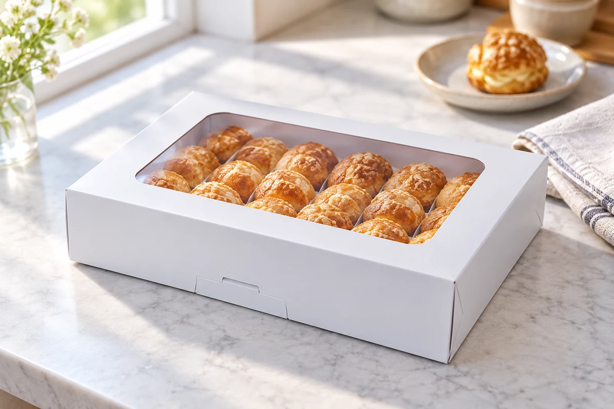 White window bakery box filled with golden pastries on a bakery counter